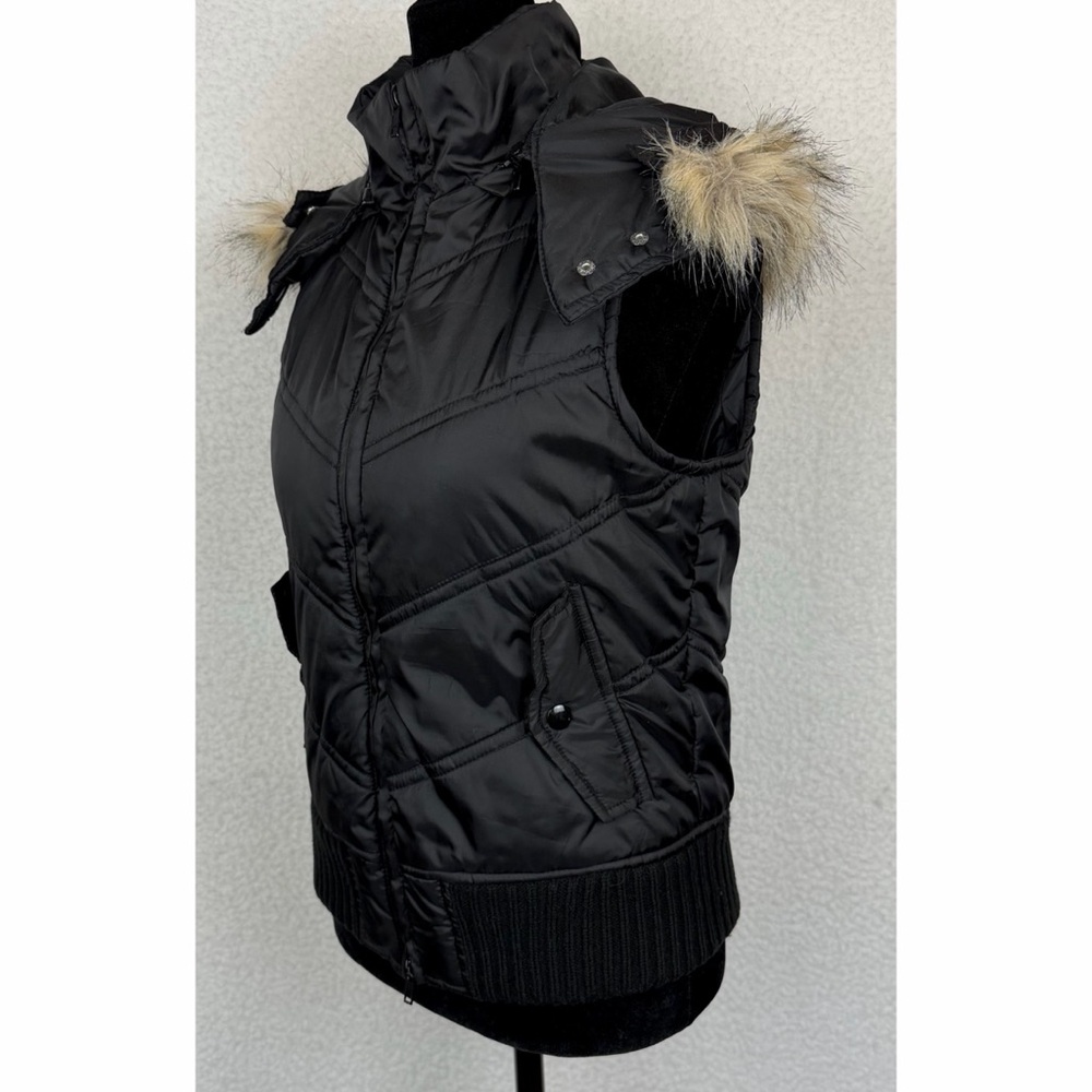 (VTG) FOREVER 21 • Black/Tan Y2K Quilted Zip-Up Vest w/ Faux Fur Trimmed Hood, S - Picture 4 of 15